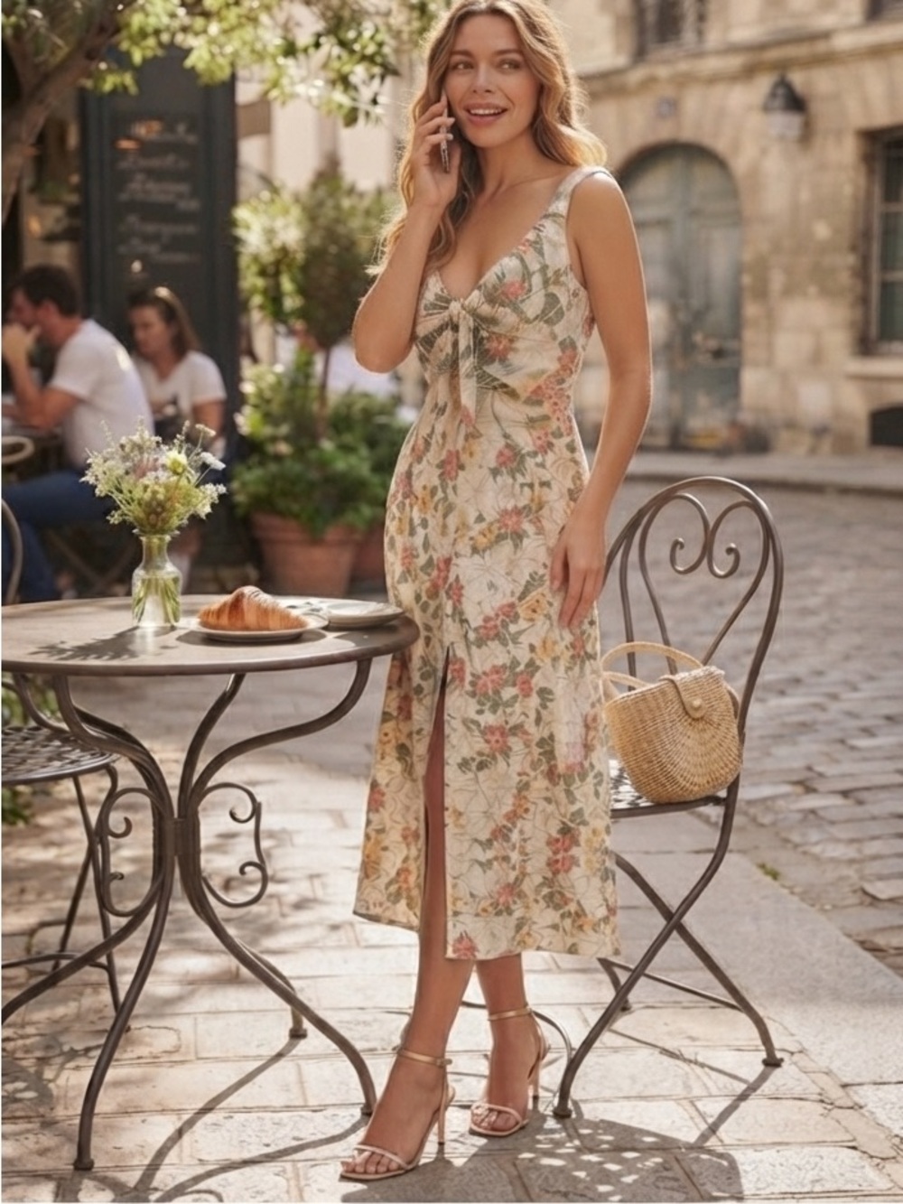 Abercrombie & Fitch Cream Floral Tie-Front Midi Dress with Pink and Green Blooms - Picture 2 of 7